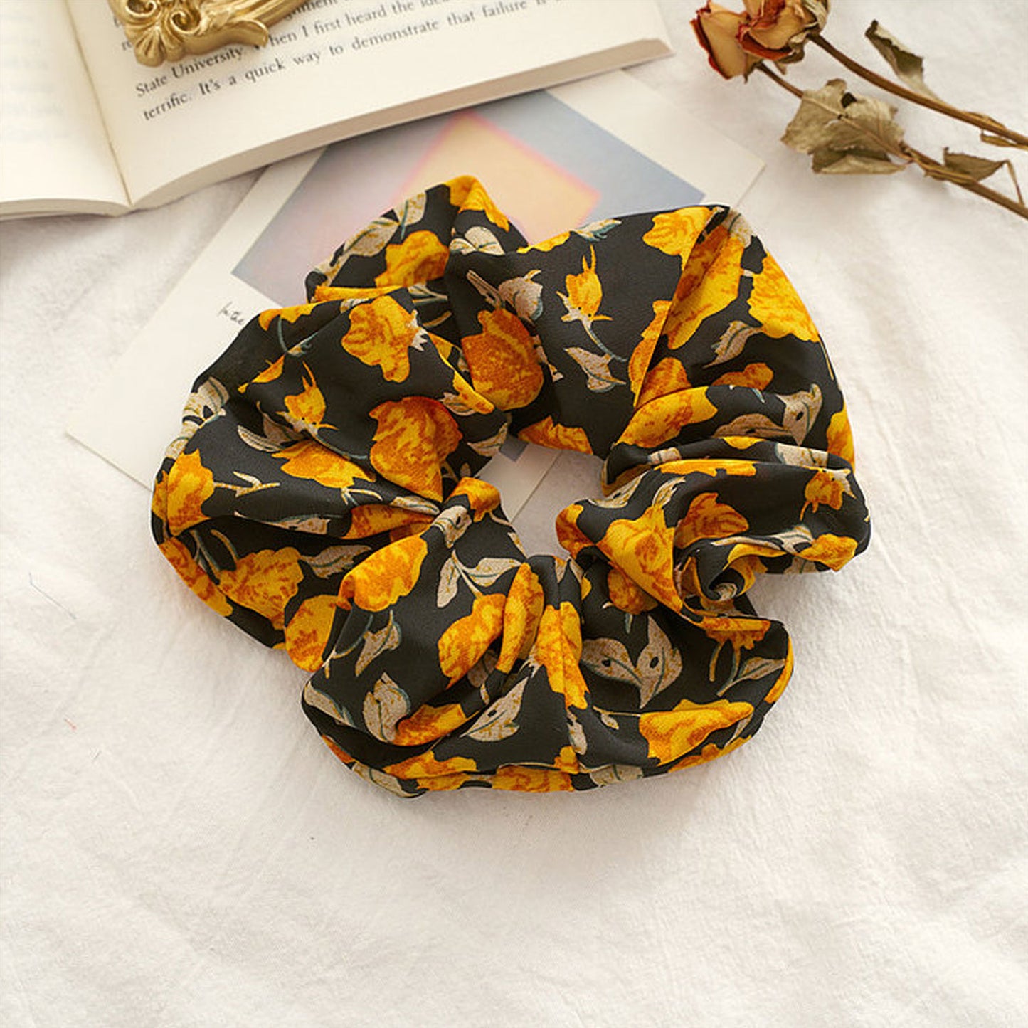 Floral Golden Black Scrunchie